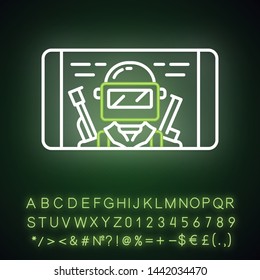 Mobile game neon light icon. Shooter smartphone game. Telephone screen with game soldier, warrior, player. Cybersport, esport. Glowing alphabet, numbers and symbols. Vector isolated illustration