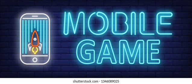 Mobile game neon text with rocket game application on smartphone. Mobile gaming and entertainment design. Night bright neon sign, colorful billboard, light banner. Vector illustration in neon style.