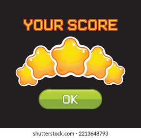 Mobile Game Score Board Design With Yellow Cartoon Stars And Green Button. Level Complete Pop Up Window, Reward Panel Mockup, Mobile App User Interface Concept