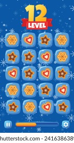 Mobile game screen with 12th level banner, winter theme, cookies and hearts match 3. Casual match three game interface, festive background vector illustration.
