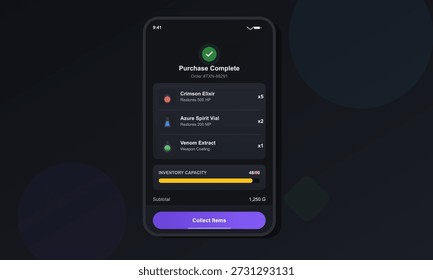 La pantalla del juego móvil muestra una compra completada con varios artículos enumerados, incluidas pociones y un revestimiento de armas. La capacidad de inventario se muestra debajo del resumen del pedido.