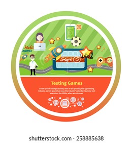 Mobile game test. Round banner with game icons in flat design style.