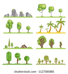Mobile game tree icons set nature forest landscape construction elements flat design concept vector illustration