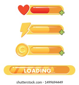 Mobile Game UI, GUI. Game Interface. Set Of Status Icons: Progress, Power, Energy, Coins, Money, Gold, Life, Health, Hearts, Resuorses. Interface For Game Design. Loading Bar.