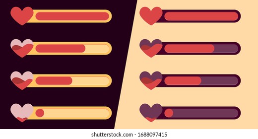 Mobile game UI, GUI. Game interface. Set of status icons of life and health, amass of heart. Interface for game design. Light and dark background, and night and day mode.