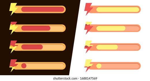 Mobile game UI, GUI. Game interface. Set of status icons of energy and activity, amass of lightning, energy strip filling. Interface for game design. Light and dark background, and night and day mode.