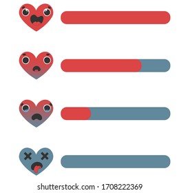 Mobile game UI, GUI. Game interface. Set of status icons of life and health, amass of heart. Interface for game design. Image icons in the form of a character, anthropomorphic face of character.