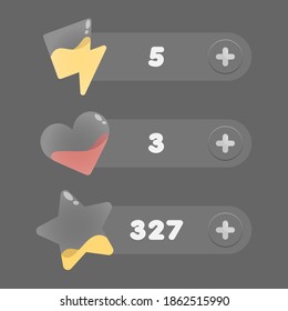 Mobile Game UI, GUI. Game Interface. Set Of Status Icons: Progress, Power, Energy, Life, Health, Hearts, Resources, Stars, Achievement. Interface For Game Design. Purchase Of Additional Resources.