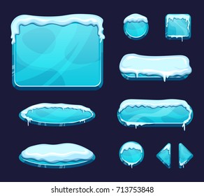 Mobile Game Ui Template In Cartoon Style. Glossy Buttons And Panels With Ice And Snow Caps. Panel Interface Cover Snow Decoration Effect Illustration