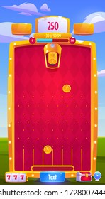 Mobile game ui ux design. Vector interface for arcade with score, icons, level, menu buttons and trophies. Phone gaming application with red board, coins and golden frame on landscape background