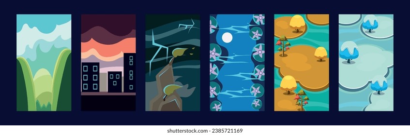 Mobile Game Vertical Backgrounds and Scenery Vector Set