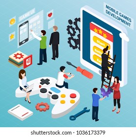 Mobile games development isometric composition on blue background with electronic devices, rating of gamer, teamwork vector illustration