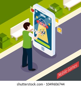Mobile games isometric composition with person with controller and smart phone at outdoor vector illustration