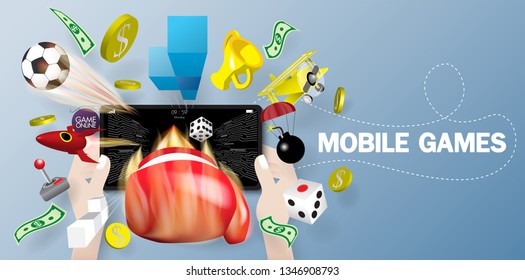 Mobile Games playing on smart phone screen 3d.