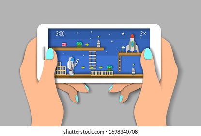 Mobile games, vector flat style design illustration. Mobile user playing space walking video game. Gamification, gaming app concept.