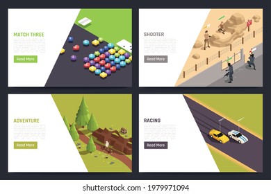 Mobile gaming apps 4 isometric pc tablet screens with car racing adventure shooter shapes matching vector illustration