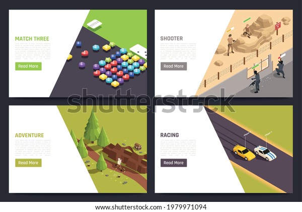 Mobile gaming
apps 4 isometric pc tablet screens with car racing adventure
shooter shapes matching vector
illustration