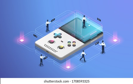 Mobile gaming. Big robot on pocket console screen. AR concept for mobile development. Modern isometric illustration.
