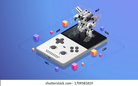 Mobile gaming. Big robot on pocket console screen. AR concept for mobile development. Modern isometric illustration.