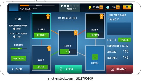 Mobile gaming characters stats screen vector user interface 