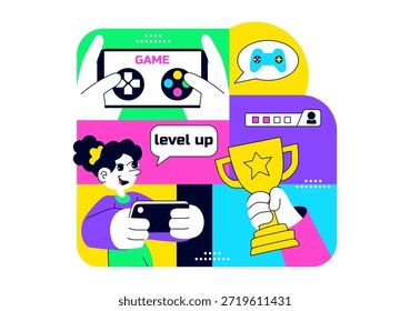 Mobile Gaming Community Vector Illustration Showing Online Players Interaction, Esports Teamwork, And Digital Entertainment Network in a Background