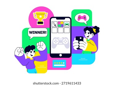 Ilustração do vetor da comunidade de jogos móveis mostrando a interação on-line dos jogadores, o trabalho em equipe da Esports e a rede de entretenimento digital em segundo plano