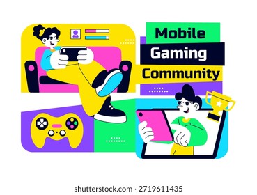 Ilustração do vetor da comunidade de jogos móveis mostrando a interação on-line dos jogadores, o trabalho em equipe da Esports e a rede de entretenimento digital em segundo plano