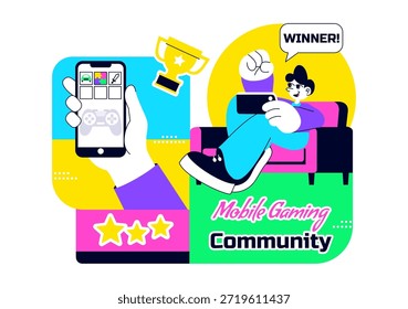 Ilustração do vetor da comunidade de jogos móveis mostrando a interação on-line dos jogadores, o trabalho em equipe da Esports e a rede de entretenimento digital em segundo plano