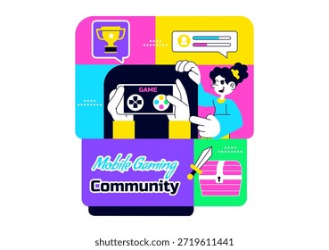 Ilustração do vetor da comunidade de jogos móveis mostrando a interação on-line dos jogadores, o trabalho em equipe da Esports e a rede de entretenimento digital em segundo plano