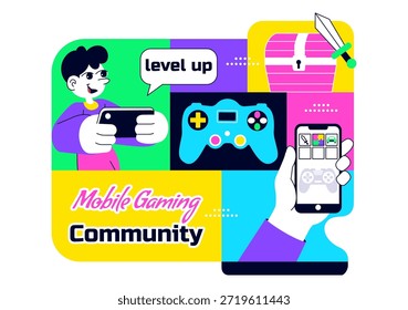Ilustração do vetor da comunidade de jogos móveis mostrando a interação on-line dos jogadores, o trabalho em equipe da Esports e a rede de entretenimento digital em segundo plano