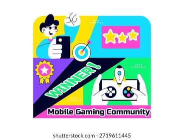 Ilustração do vetor da comunidade de jogos móveis mostrando a interação on-line dos jogadores, o trabalho em equipe da Esports e a rede de entretenimento digital em segundo plano