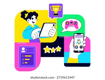 Ilustração do vetor da comunidade de jogos móveis mostrando a interação on-line dos jogadores, o trabalho em equipe da Esports e a rede de entretenimento digital em segundo plano
