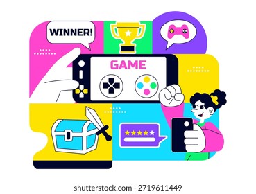 Ilustração do vetor da comunidade de jogos móveis mostrando a interação on-line dos jogadores, o trabalho em equipe da Esports e a rede de entretenimento digital em segundo plano