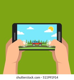 Mobile gaming concept. Man holding smartphone and playing in race game. Flat vector illustration.
