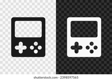 Icono de la silueta de consola de juegos para móviles, signo de glifo vectorial. Símbolo de consola de juegos aislado en fondos transparentes oscuros y claros.