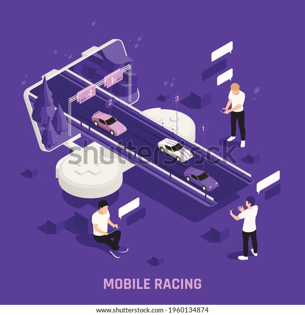 Mobile gaming featuring competing virtual\
street circuit race drivers isometric composition bright purple\
background vector\
illustration