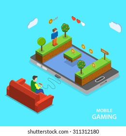 Mobile Gaming Flat Isometric Vector Concept. A Man Is Playing Mobile Game  Sitting On The Sofa.