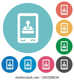 Mobile gaming flat white icons on round color backgrounds