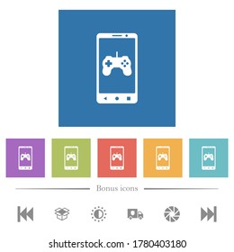 Mobile gaming flat white icons in square backgrounds. 6 bonus icons included.