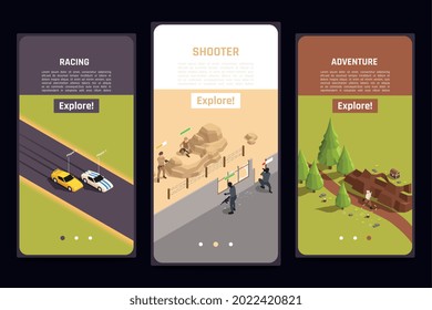 Mobile gaming fullscreen app 3 isometric smartphone screens set with car racing outdoor adventure shooter vector illustration