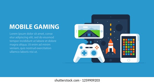 Mobile gaming illustration in modern flat style. Smartphone and a tablet with simple games, mobile gamepad.
