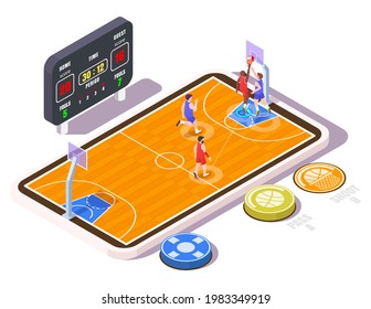 Mobile gaming. Isometric basketball court with players on smartphone screen, flat vector illustration. Basketball mobile game.