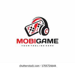 Mobile gaming logo design. Smartphone with headphones vector design. Mobile phone video games logotype