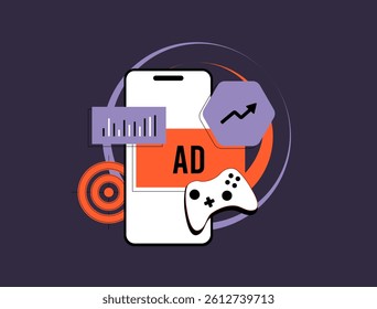 Mobile gaming marketing blends brand engagement with interactive ads and in-game experiences, enhancing user connection and product recall. Mobile game marketing vector illustration and icons