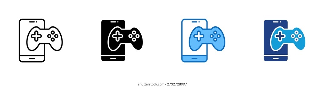 Mobile Gaming Multiple Style Icon Design Vector - Smartphone with game controller representing mobile gameplay, interactive entertainment, and digital leisure