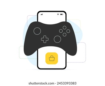 Mobile Gaming-Kauf, In-App-Transaktionskonzept. Gaming-App-Zahlungen, Mikrotransaktionen in Spielen, Kauf von Upgrades, Artikeln und virtuellen Gütern. Joystick-Vektorgrafik-Symbol auf Handy-Hintergrund