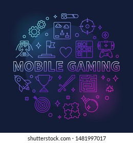 Mobile Gaming vector concept round colorful outline illustration on dark background