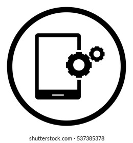 Mobile gear icon in circle on white background
