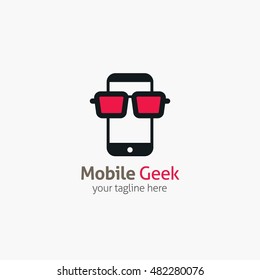 Mobile Geek logo design template with face in glasses. Vector illustration.