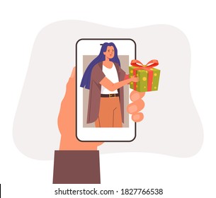 Mobile gift box. Marketing concept. Vector flat graphic design illustration